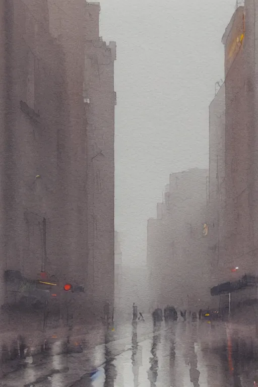 Image similar to a watercolor about contemporary Shanghai, deserted street after rain, cloudy overcast sky, poignant, high contrast of light and dark, smooth, by Joseph Zbikowicz, 8k