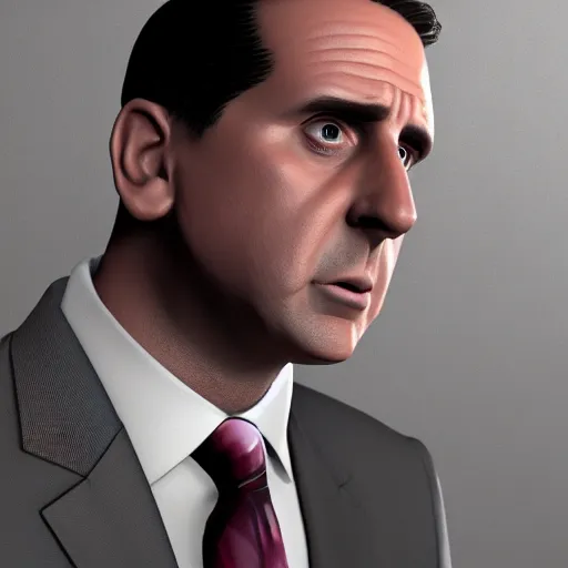 Image similar to hyperdetailed 3 d cartoon render of michael scott in a confident expressive pose, white background, low angle shot, cinematic studio lighting, studio quality, octane render, unreal engine 5, trending on artstation, 8 k