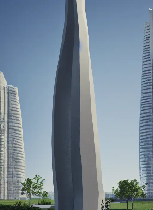 Image similar to highly detailed realistic architecture 3 d render of a futuristic tall stele monument in zaha hadid style standing in city park, archdaily, made in unreal engine 4 octane render