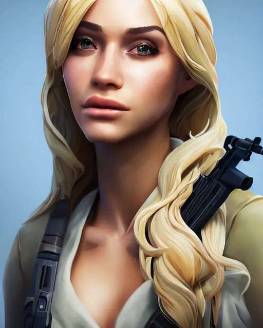 Prompt: beautiful blonde female sniper, award winning creature portrait photography, extremely detailed, artstation, 8 k, sensual lighting, incredible art, fortnite, wlop, artgerm, backlit, rim lighting, hi - fructose