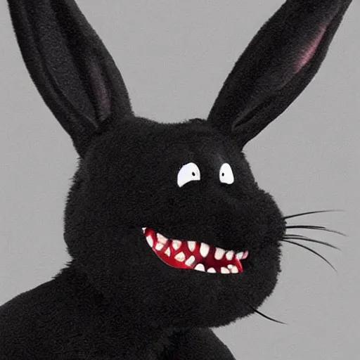 Image similar to A extremely highly detailed majestic hi-res beautiful, highly detailed head and shoulders portrait of a scary terrifying, horrifying, creepy black cartoon rabbit with scary big eyes, earing a shirt laughing, hey buddy, let's be friends, in the style of Walt Disney