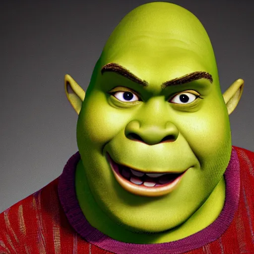Prompt: shrek with red eyes, head shot