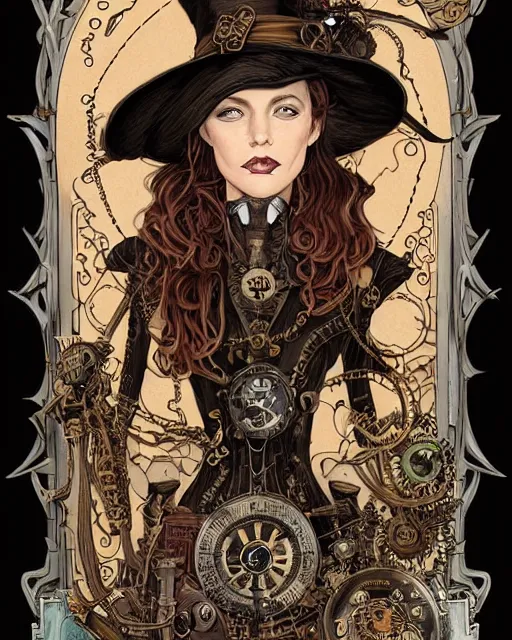 Prompt: a detailed portrait illustration of a steampunk witch - necromancer. distinguished face. random gender. art nouveau, pop art, comic book style. influenced by neil gaiman, h. p. lovecraft, tim burton, brian froud, vadim voitekhovitch, killian eng, ross tran.