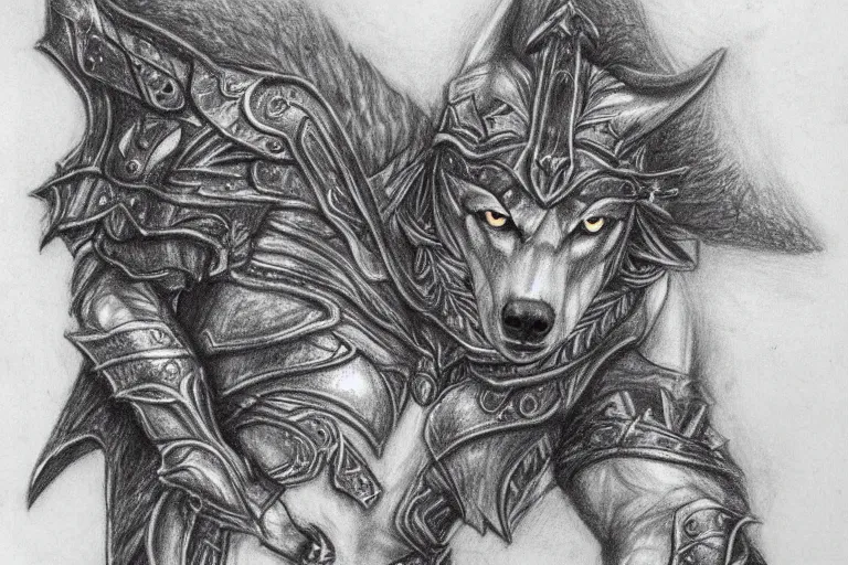 Image similar to a pencil drawing of a wolf, full body, D&D, armor, made by by Pen Tacula