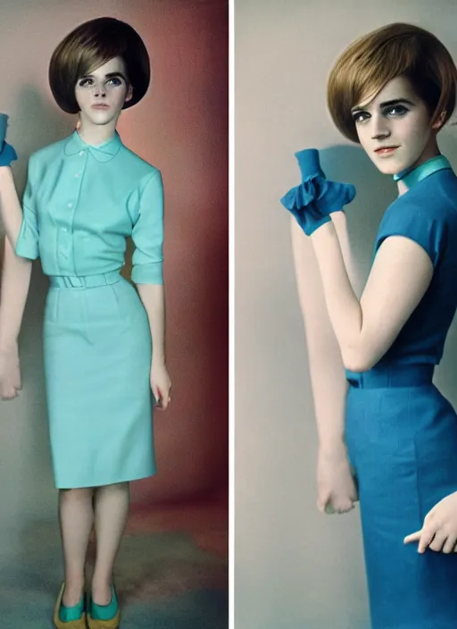 Prompt: Retro color photography 1960s fashion photoshoot of Emma Watson portrait Cinestill 800T, 1/2 pro mist filter, and 65mm 1.5x anamorphic lens