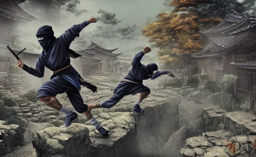 Prompt: highly detailed, high contrast digital illustration of ninja shinobi running parkour, in the in old, japanese village from sengoku period, cinematic lighting, raytracing, volumetric lighting