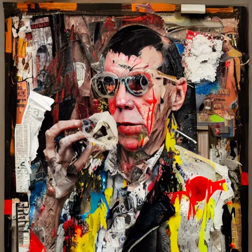 Image similar to hyperrealistic, photorealistic, mixed media oil painting of hunter s thompson, magazine scraps, plaster, blood, oil, mustard, splatter, greg rutkowski, basquiat, ralph steadman, wesley kimler, terry gilliam, andy warhol