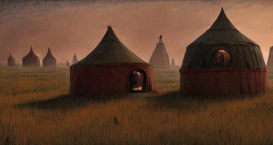 Prompt: night, yurt, in the steppe, summer field, misty background, rusty building constructions of spiral upside - down stairs on background, from the game pathologic 2, highly detailed, sharp focus, matte painting, by isaac levitan and asher brown durand,