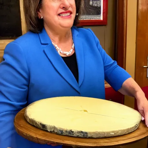 Image similar to congresswoman marjorie taylor greene eating a large wheel of cheese,