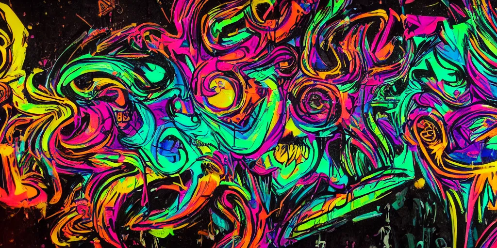 Image similar to a single gritty psychedelic graffiti art piece sprayed on a black background and surrounded by darkness, concept art, 4 k, unreal render, octane, trending on artstation, graphic design, dark color scheme