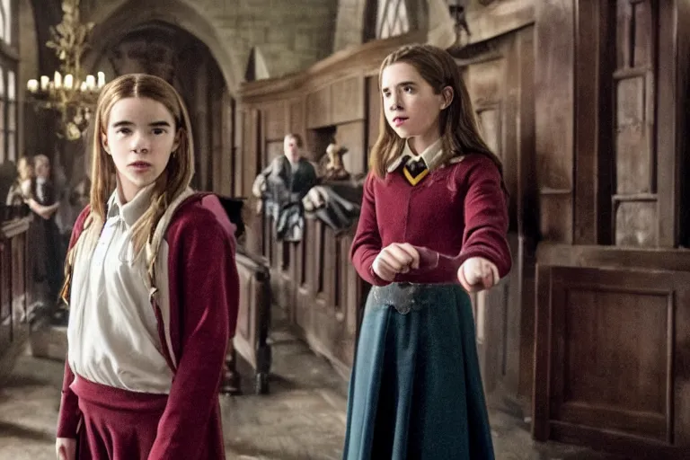 Image similar to film still Milly Bobby Brown as Hermione Granger wearing hogwarts uniform in Harry Potter movie