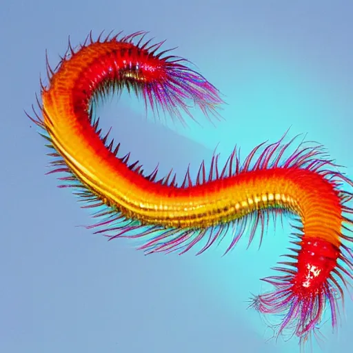 Prompt: a gigantic rainbow colored, iridescent, transparent centipede flying over a chasm, frills, fins, rainbow, antennae, dark