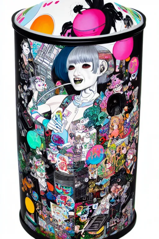 Image similar to full view, from a distance, of anthropomorphic trashcan full of trash, style of yoshii chie and hikari shimoda and martine johanna, highly detailed