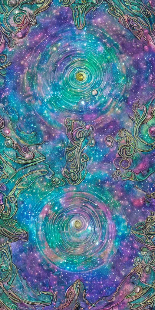 Image similar to intricate colourfully painted carved Soapstone relief paneling, iridescent, pearl and pale blue toned, celestial, cosmos, galaxies, planets, divinity, moon goddess, mother earth, Earth Goddess mythology, Gaia, angels, dream atmosphere, bright colors, vivid colors, Ghostly, crystaline celtic, insanly detailed , artstation, wallpaper, hyper realistic, realistic lighting