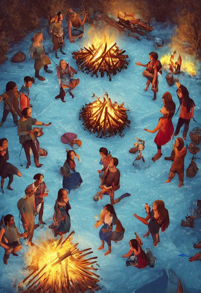 Image similar to realistic tribe gather around a bonfire with a pregnant woman as her leader, intense blue eyes, realistic, antartic night, aerial race