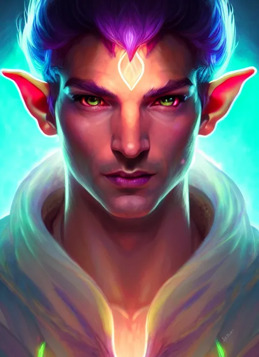 Prompt: meditative male elf rogue, dnd fantasy character portrait, glowing neon skin, magical aura, ultra realistic, intricate, elegant, highly detailed, digital painting, artstation, smooth, sharp, focus, illustration, art by artgerm and greg rutkowski and alphonse mucha