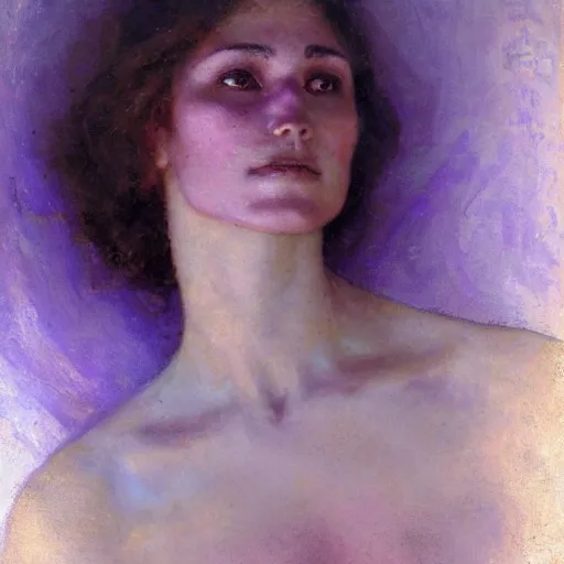 Prompt: a woman in a purple shirt with an emaciated body type, painting by Gaston Bussiere, Craig Mullins