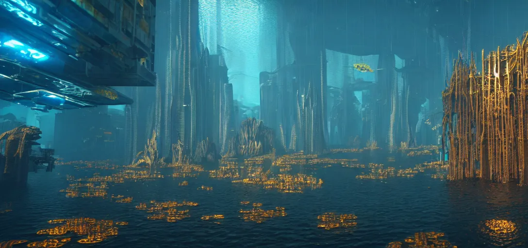 Prompt: cyberpunk civilization underwater built with shinny golden buildings by antoni gaudi, bridges and pipe roads by wlop, underwater light rays, bubbles, old kelp forest, corals at flynn reef, national geographic, rule of thirds, octane render sidefx isotropix nvidia omniverse materialx osl redshift arnold unreal engine, hyper detailed, sharp focus