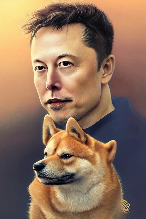 Image similar to photorealistic portrait photograph of elon musk with a shiba inu dog, handsome, depth of field, soft focus, highly detailed, intricate, realistic, national geographic cover, soft glow, textured, artstation, concept art, sharp focus, illustration, art by artgerm and greg rutkowski and alphonse mucha