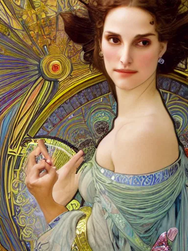 Image similar to a beautiful painting of natalie portman by Alphonse Mucha and by yoshitaka Amano and by Mark Brooks and by gustav klimt and by john william waterhouse, Art Nouveau, Neo-Gothic, gothic, award winning painting, hyperdetailed, detailed