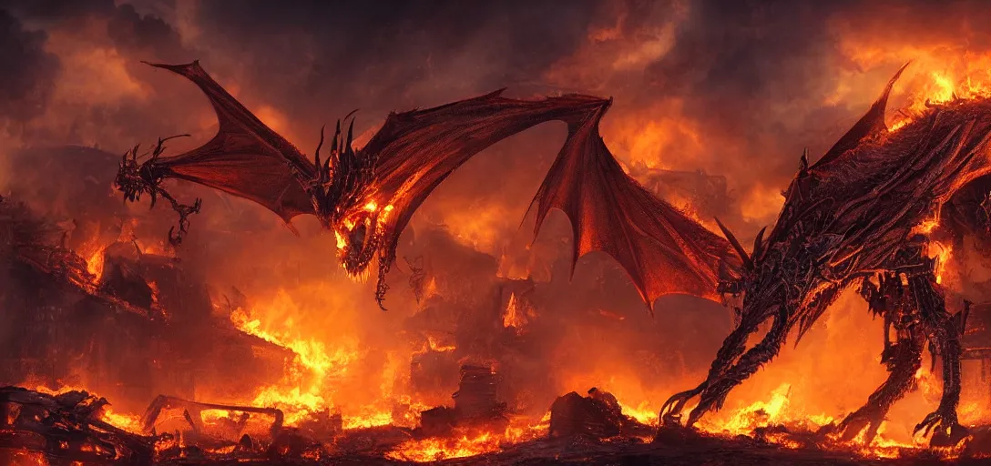 Prompt: a mecanic dragon with big mouth destroy a building with fire in the night, dark fantasy, apocalypse