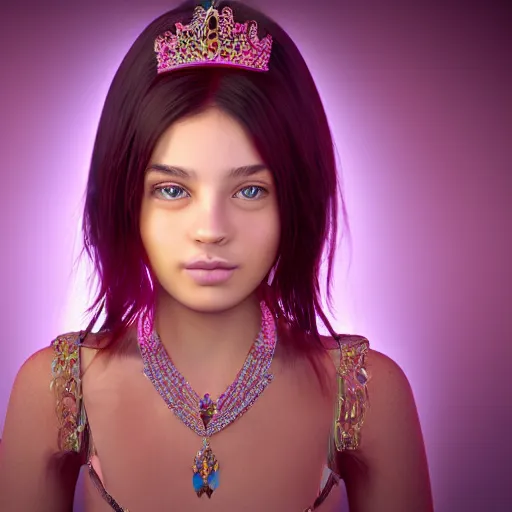 Prompt: portrait of teenage princess. ornate and intricate jewelry. glowing background lighting. 4 k. octane render.