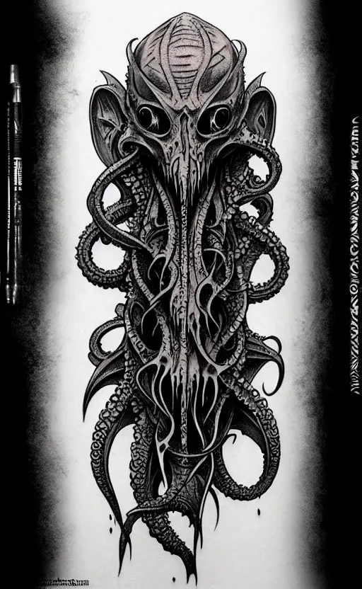 Image similar to tattoo flash art cthulhu by greg rutkowski, by giger, by maxim verehin