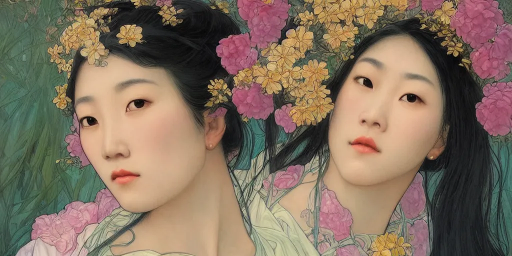 Image similar to a portrait of a very beautiful Asian young woman with giant flowers behind her head, looks like Tang Wei, in the style of WLOP and Alphonse Mucha and Ross Tran, realistic, seductive, closeup, facing the camera, dramatic lighting