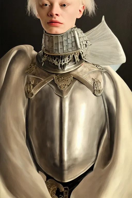 Image similar to hyperrealism oil painting, close - up portrait of albino medieval fashion model, knight, steel gradient mixed with nebula sky, in style of baroque