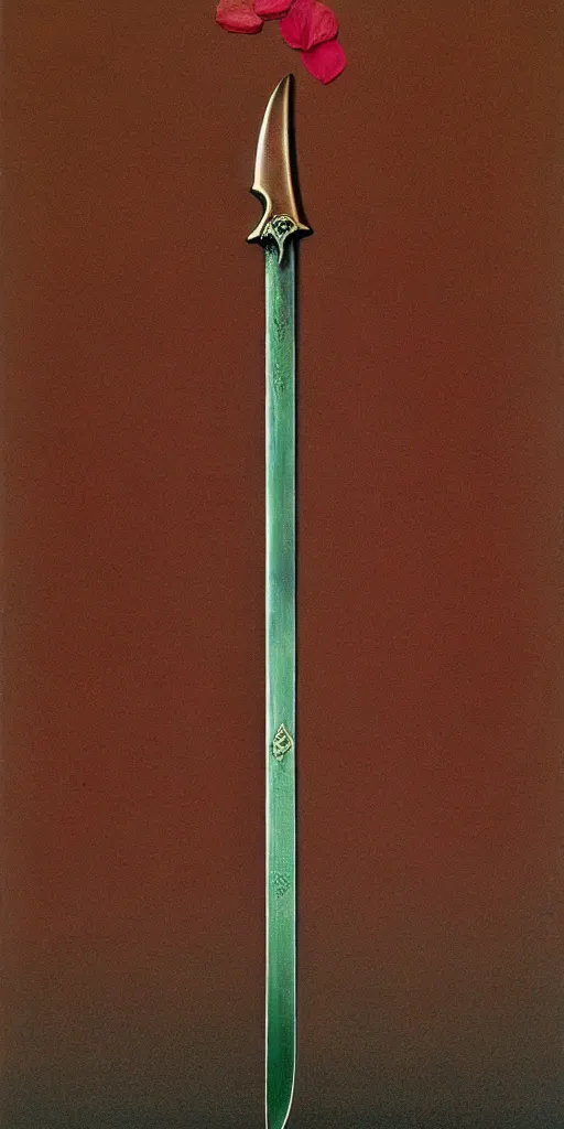 Prompt: a sword made from flower petals in the style of zdzisław beksinski, elegant, thin, polished blade, copper and emerald