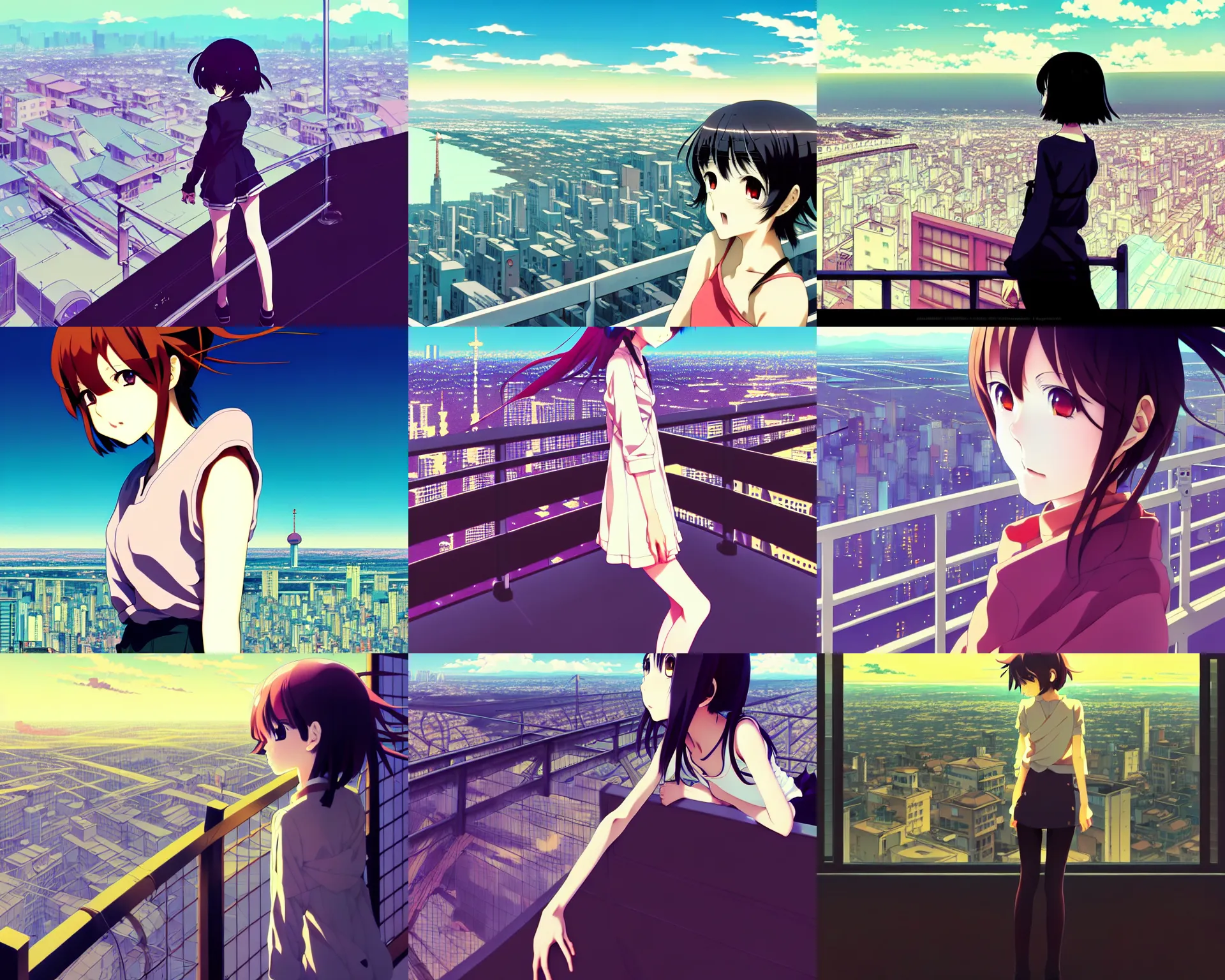 Prompt: anime frames, anime visual, portrait of a young female traveler sight seeing above the city, guardrails, very low light, cute face by ilya kuvshinov and yoh yoshinari, katsura masakazu, mucha, dynamic pose, dynamic perspective, strong silhouette, anime cels, rounded eyes, smooth facial features, contrasting shadows, soft