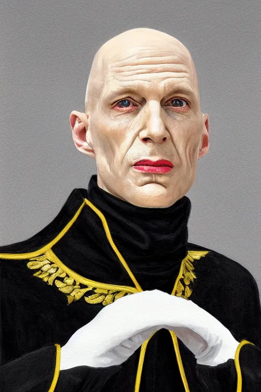 Prompt: a bald pale man in his late nineties. stately and dour in his expression. eyeliner accentuates his sunken eyes. a high black turtleneck covers his thin neck. opulent white golden red robe. white leather gloves with gold decoration, black turtleneck, sharp focus, illustration, digital painting, art by magali villeneuve