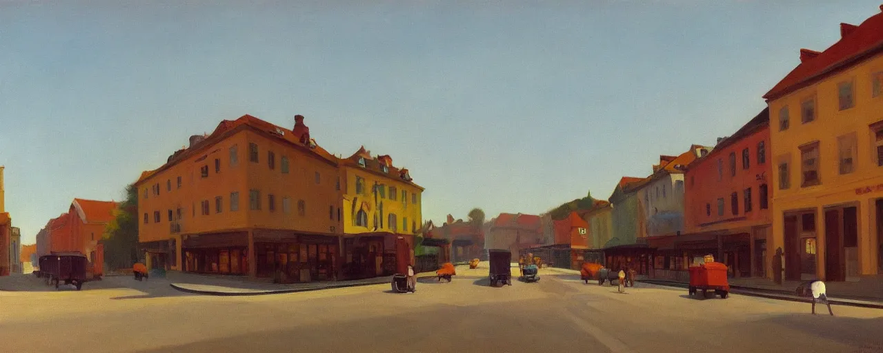 Prompt: an edward hopper style painting of a busy road of ( ( ( ( ( ( ( ( gyor ) ) ) ) ) ) ) ) in hungary, autumn, october of 1 9 4 8