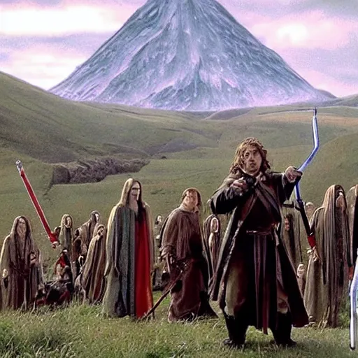 Image similar to A scene from Lord of the Rings, all characters have lightsabers, weta workshop, high quality, movie scene