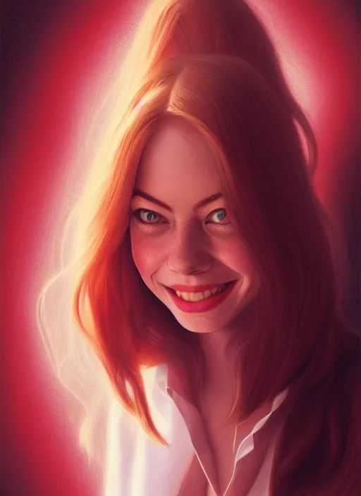 Prompt: portrait of teenage emma stone, long haircut, flowing ginger hair, white shirt, red tie, smiling kindly, 1 9 8 0 s, intricate, elegant, glowing lights, highly detailed, digital painting, artstation, concept art, smooth, sharp focus, illustration, art by wlop, mars ravelo and greg rutkowski