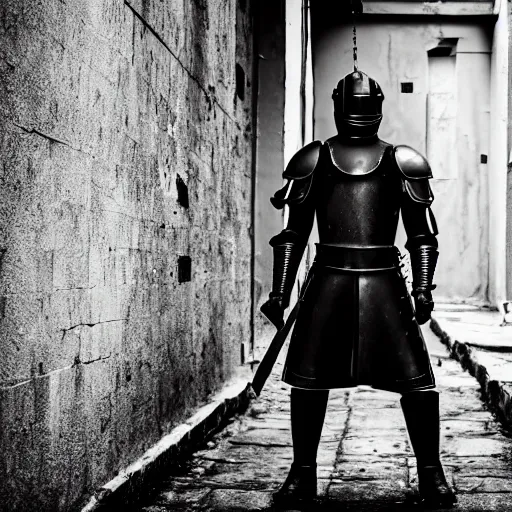 Prompt: Aging knight in black plate armor stands alone in empty alley, character portrait, moody, highly detailed