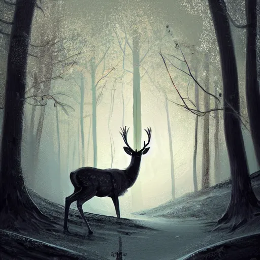 Image similar to a painting of a deer in a snowy forest, a digital painting by petros afshar, featured on deviantart, fantasy art, nightscape, digital illustration, official art