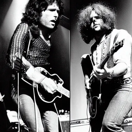 Prompt: Jim Morrison, and Thundercat playing music together on stage