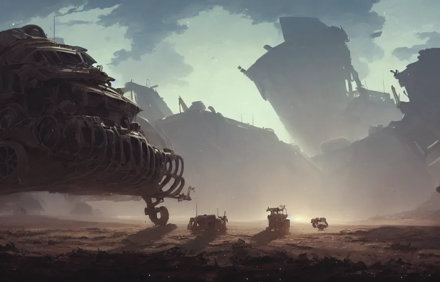 Image similar to concept art of a dusty field with twisted wreckage of dieselpunk orcish tanks and smoking craters in the background, key visual, ambient lighting, highly detailed, digital painting, artstation, concept art, sharp focus, by makoto shinkai and akihiko yoshida and hidari and wlop