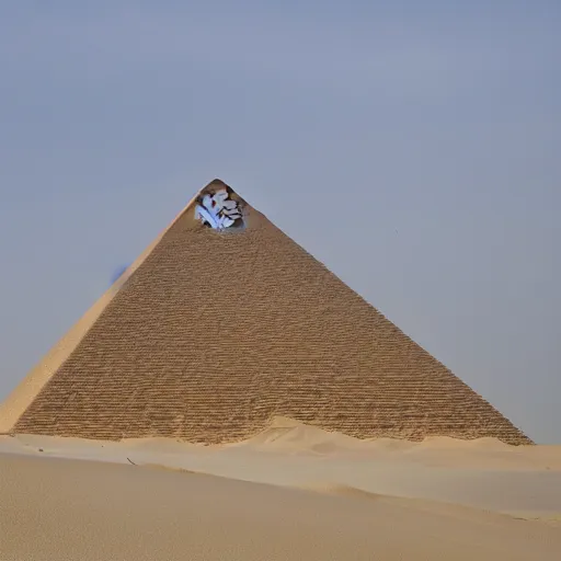 Image similar to a sand dune with a large, pyramidic temple in the middle of it.