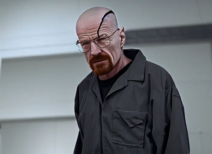 Image similar to film still of Walter White as Gordan Freeman wearing Black Mesa Jumpsuit in the Half Life Movie, 4k