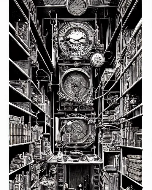 Image similar to a majestic steampunk alchemists bookshelf, two point perspective, furniture, high details, bold line art, by vincent di fate and joe fenton, inking, etching, screen print, masterpiece, trending on artstation, sharp, high contrast, hyper - detailed,, hd, 4 k, 8 k