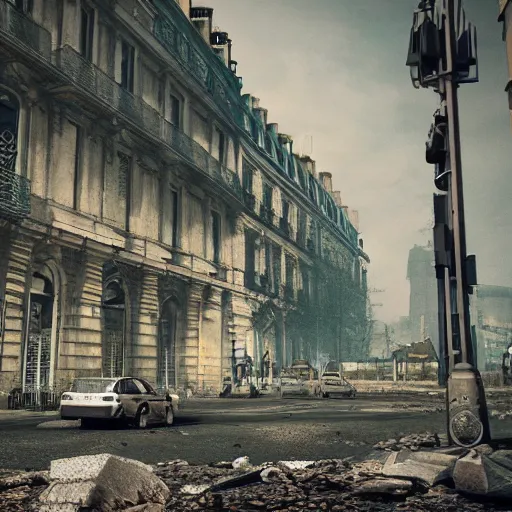 Prompt: post apocalyptic paris,ultra wide, octane render, cinematic, hyper realistic,