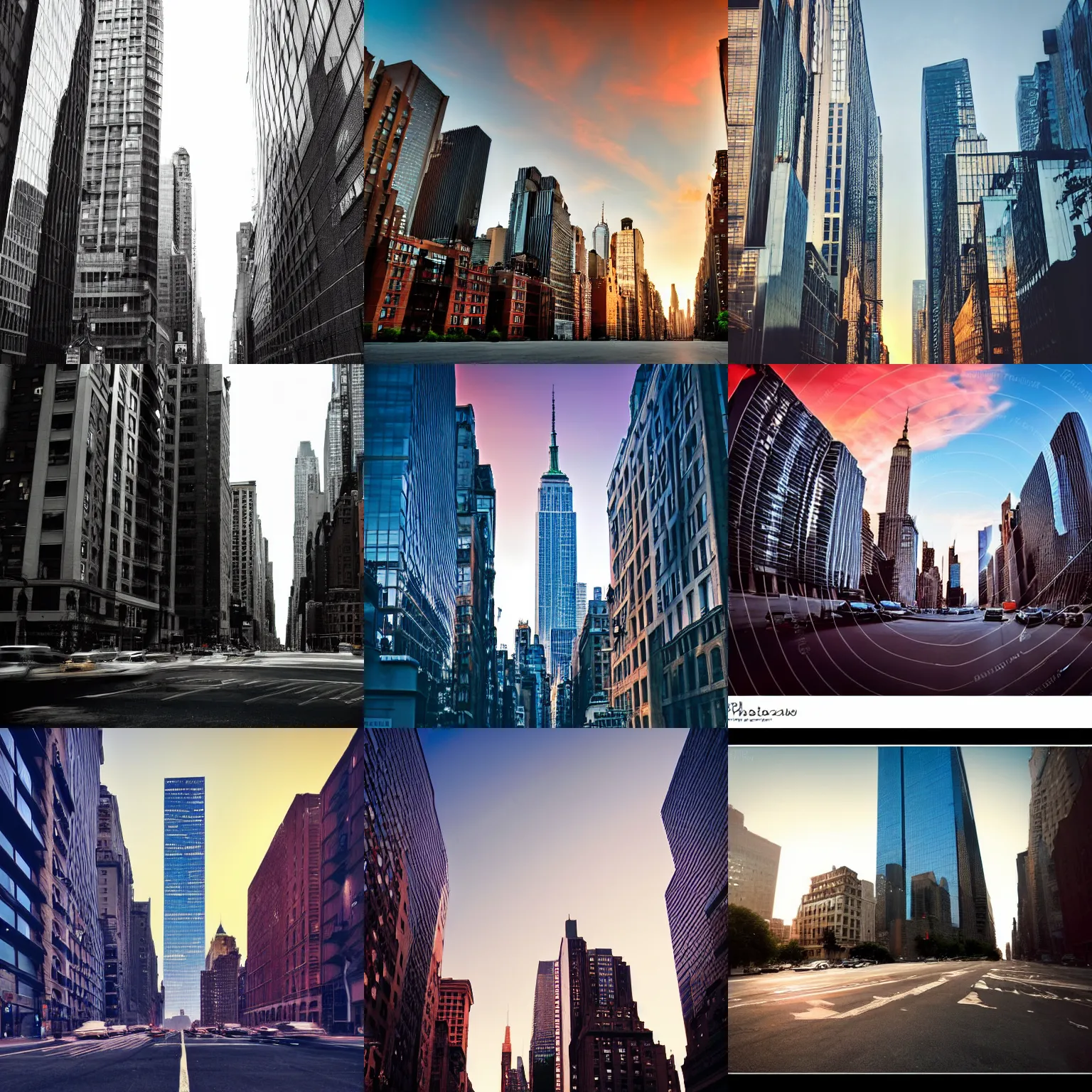 Prompt: skyscraper in the streets of new york city, vanishing point, atmospheric, sunset, award winning photo