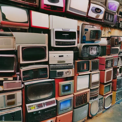 Image similar to array of crt televisions, tv static, antenna, stacked, polaroid, steroids, adult video store