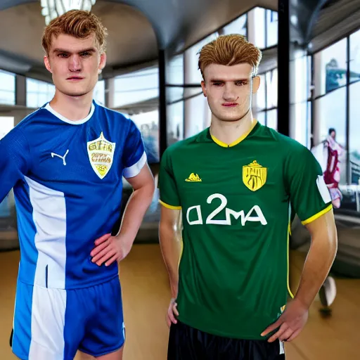 Image similar to a realistic detailed photo of a guy who is an attractive humanoid who is half robot and half humanoid, who is a male android, soccer players martin ødegaard & timo werner, shiny skin, posing like a statue, blank stare, in a museum, on display, showing off his muscles, gold soccer shorts, no jersey, several of them lined up, statue