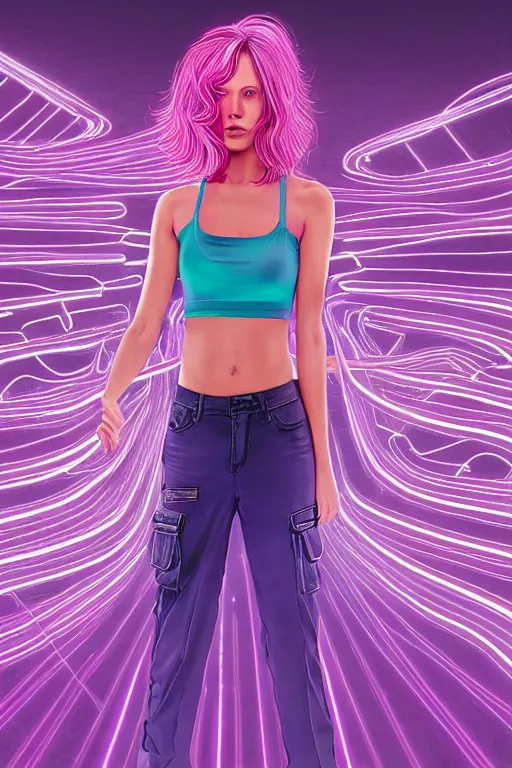 Image similar to a award winning half body portrait of a beautiful woman in a croptop and cargo pants with ombre purple pink teal hairstyle and hands in pockets by thomas danthony, surrounded by whirling illuminated lines, outrun, vaporware, shaded flat illustration, digital art, trending on artstation, highly detailed, fine detail, intricate