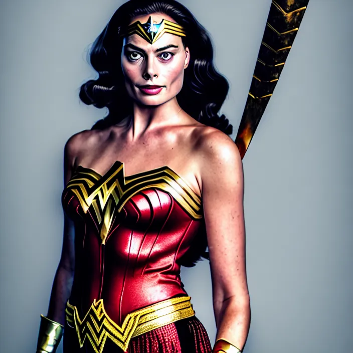 Image similar to full length portrait photograph of a margot robbie as wonder woman, Extremely detailed. 8k