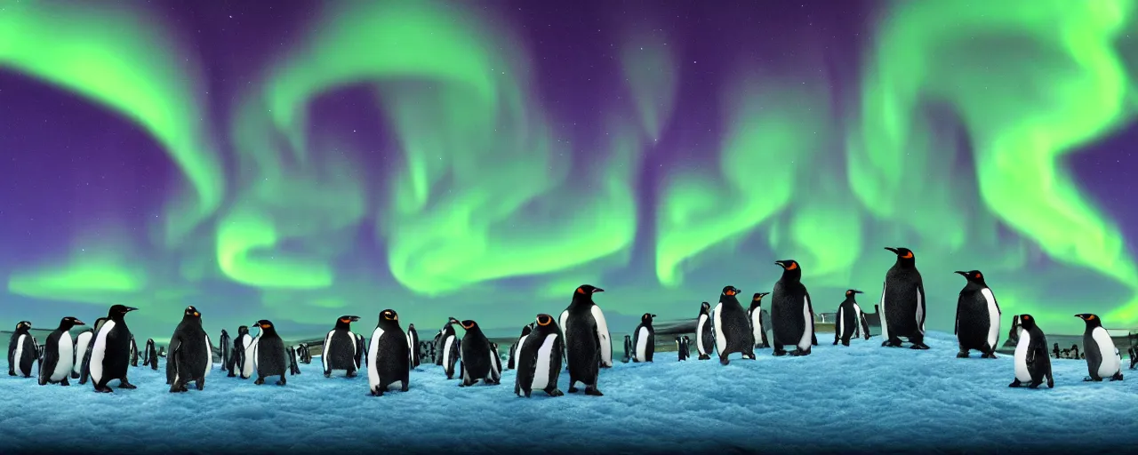 Image similar to a group of penguins watching the aurora borealis, large scale, breathtaking, mixed media, digital art, trending on artstation, 8k, epic composition, highly detailed, AAA graphics