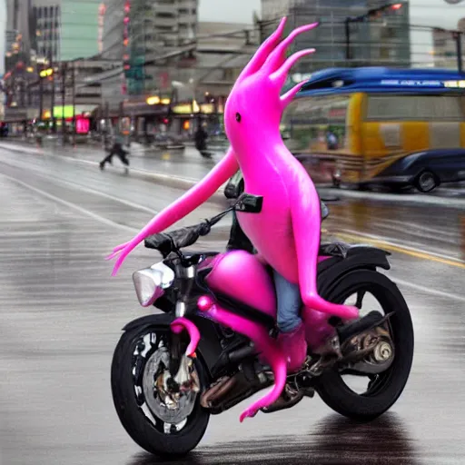 Image similar to hyper realistic, photo, humanoid pink female Squid girl, riding a motorcycle wheelie fast in the rainy city traffic